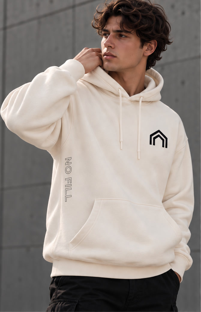Bone Hoodie, hollow house mark on the left pocket, outline NO FILL down the right side seam